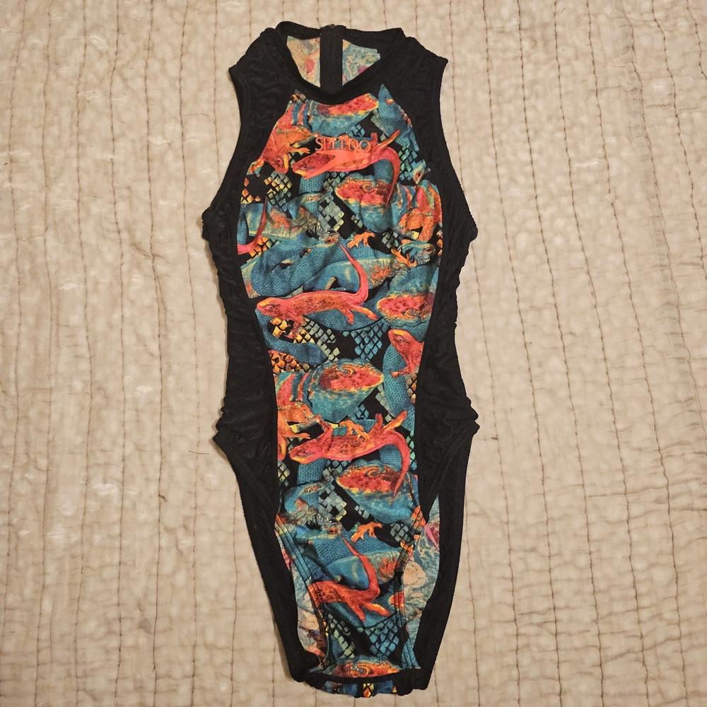 Retro Womens Speedo Swimsuit / Water Polo Suit Full Zip Lizard Print M L